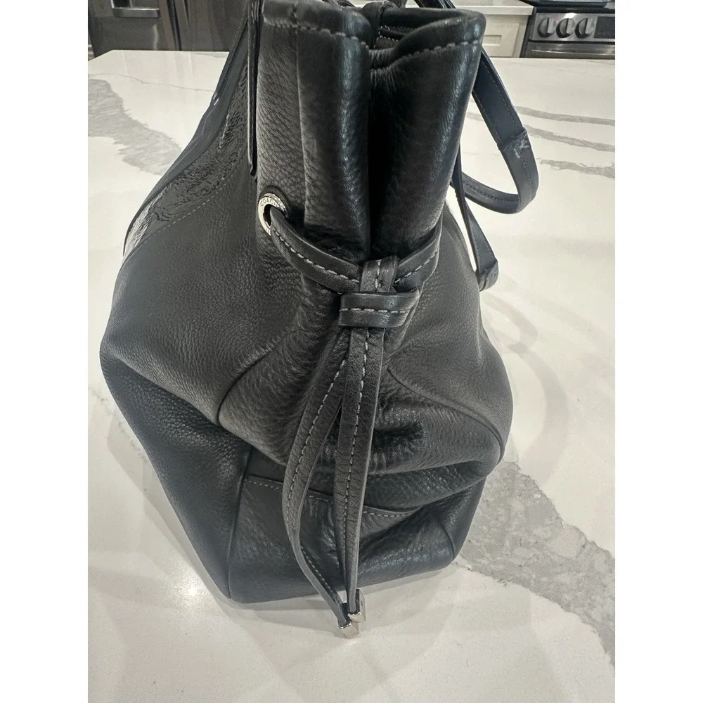 Coach Madison Sophia Black Pebbled Leather Satchel Patent Trim Crossbody Bag EUC